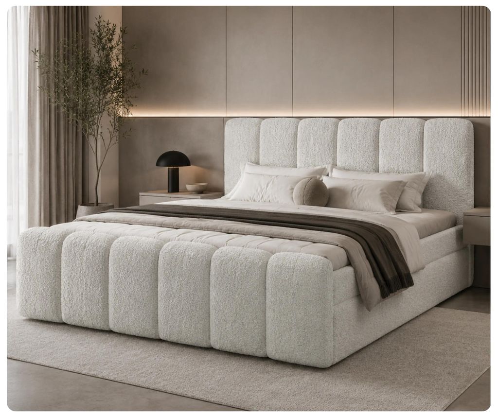 Boxpringbett LETT 140x200 cm Creme Bouclé mit Bettkasten & Topper – Coral 65