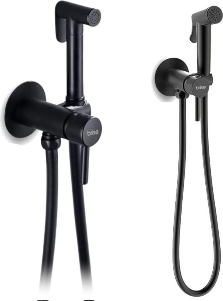 Two black bidet sprayers mounted on a white background.