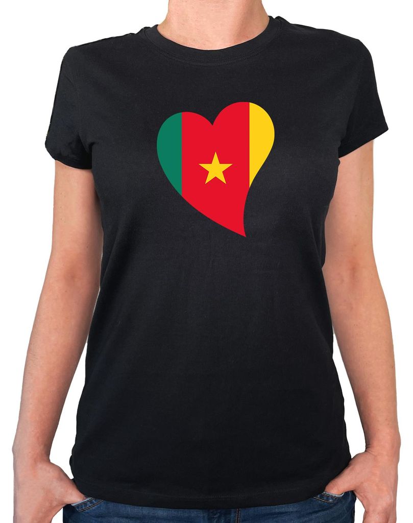 Huuraa Damen T-Shirt Kamerun Flagge Herz S Black Bio Baumwolle Fairtrade Damenshirt Geschenkidee