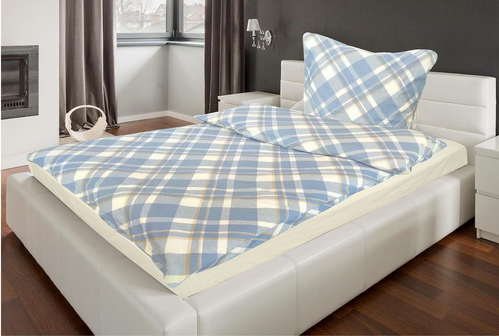 Bettwäsche Winter Biber Feinbiber Baumwolle 2x 135x200 + 2x 80x80 cm Doppelpack Design: Karo Blau