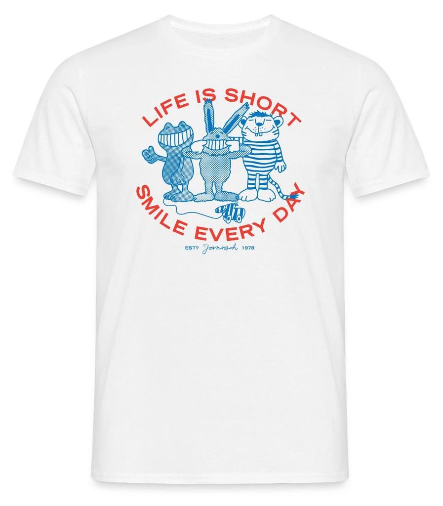 Spreadshirt Janosch Charaktere Life Is Short Smile Every Day Männer T-Shirt, 3XL, Weiß
