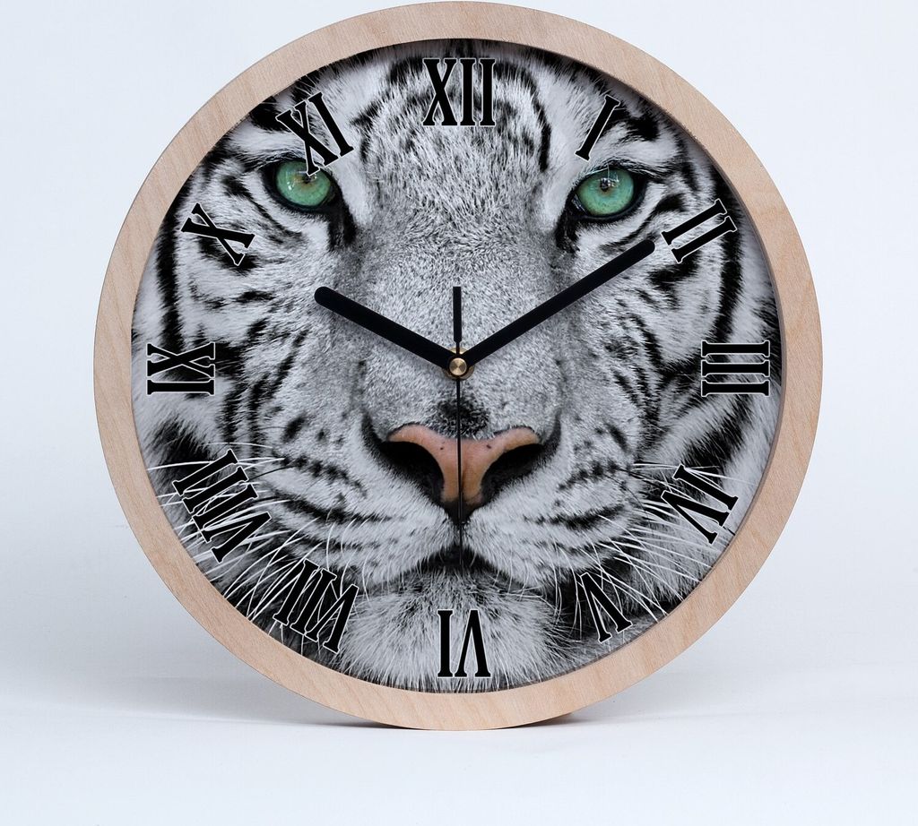 Holzuhr 25fi cm wanduhr - schwarze Spitzen - weißer Tiger