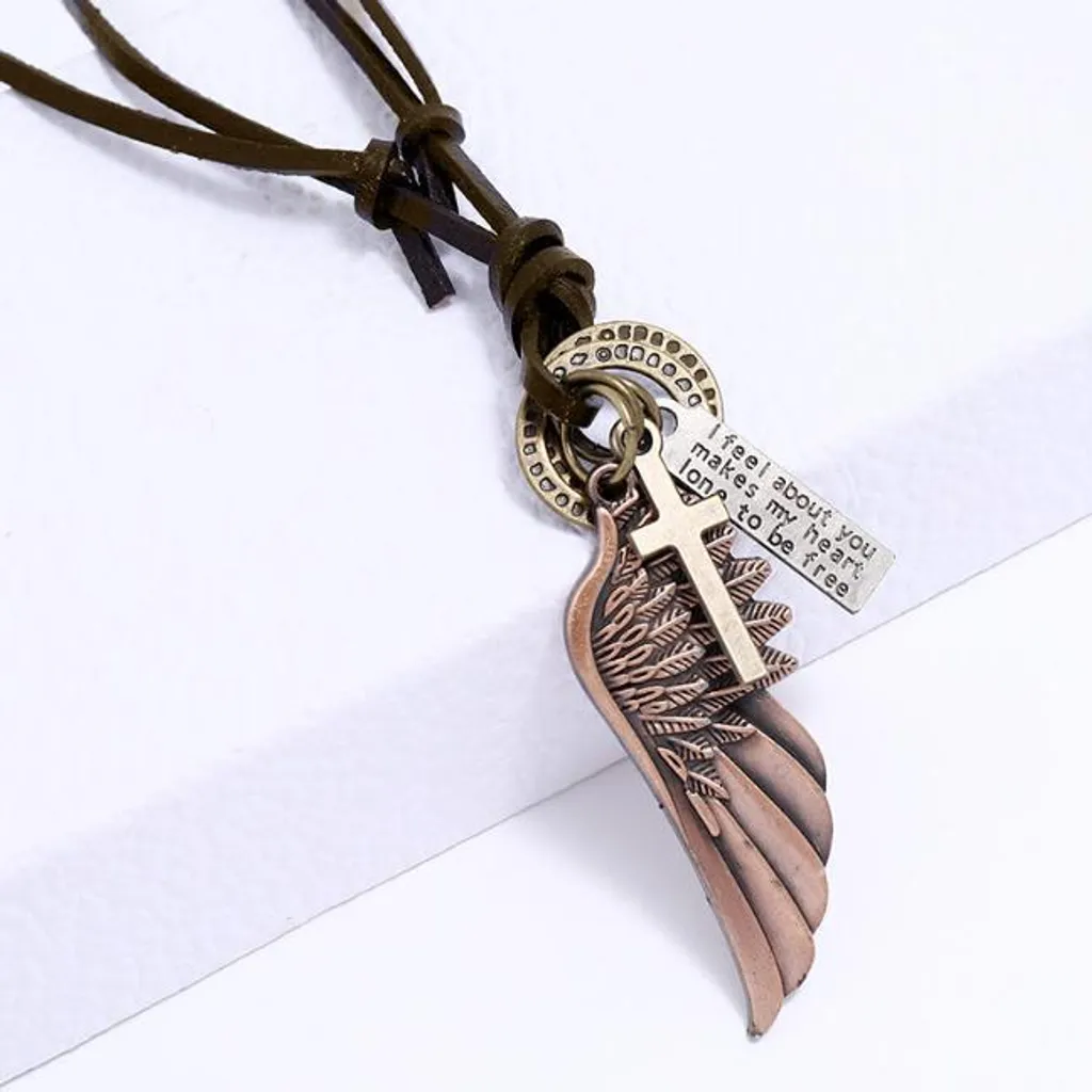 Collier homme cuir anti-allergie avec pendentif aile cuivre résistant - 4