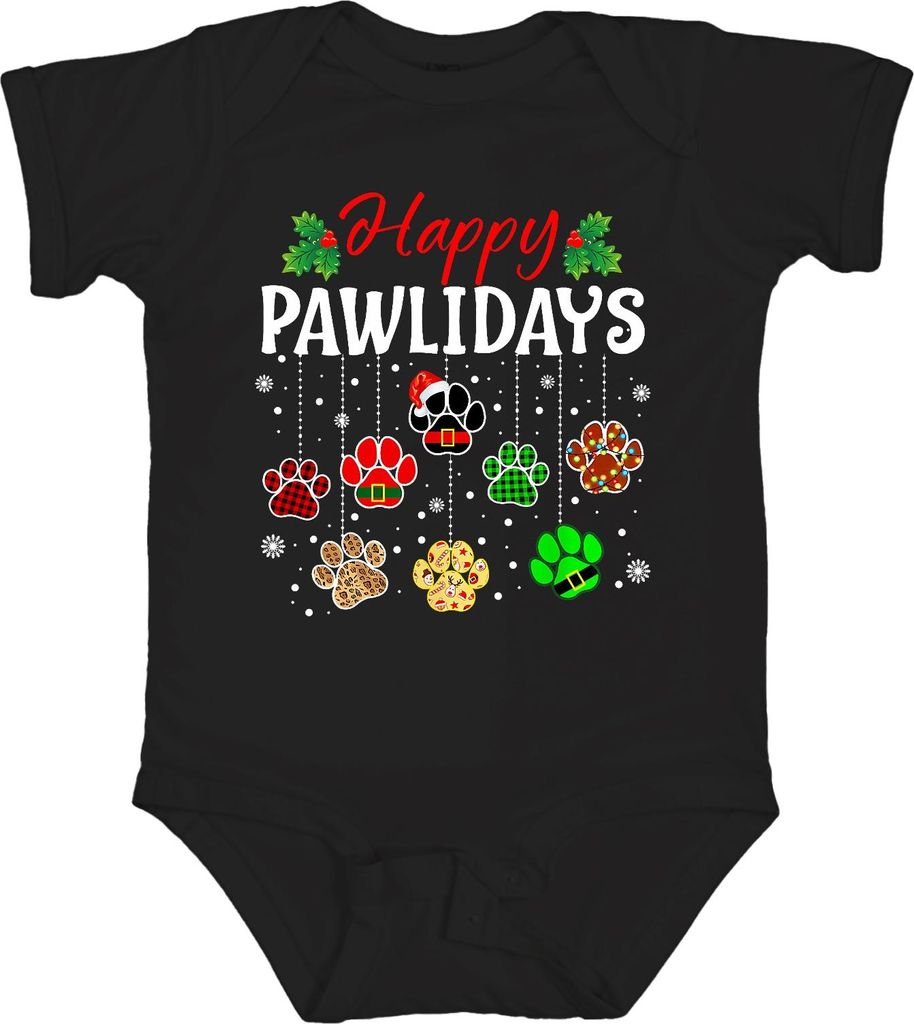 Happy Pawlidays Hunde Katzen Weihnachten Pfoten Geschenk Lustig Unisex Baby Body, Schwarz, 3/6