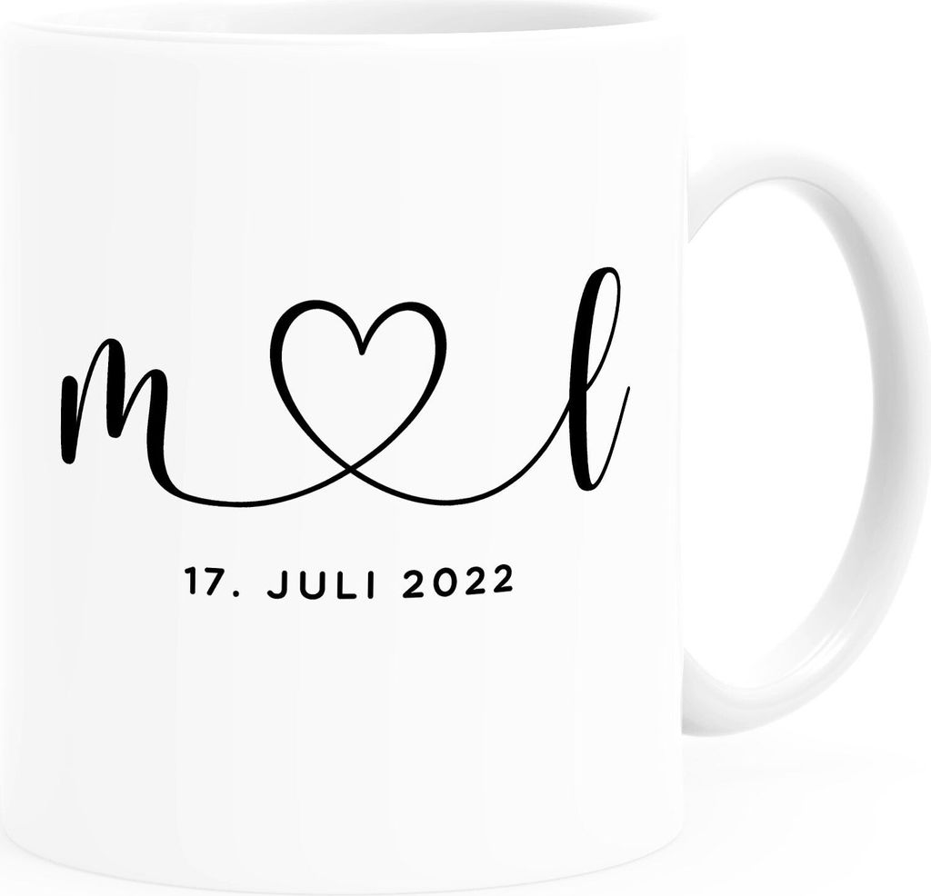 Kaffee-Tasse Hochzeit personalisiert mit Initialen Anfangsbuchstaben und Herz Datum Hochzeitsgeschenk SpecialMe weiß standard