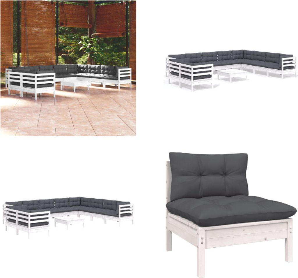 vidaXL 11 tlg. Garten Lounge Set mit Kissen Weiß Massivholz Kiefer - Garten-Lounge-Set - Garten-Lounge-Sets - Gartenmöbel-Set - Gartenmöbel-Sets