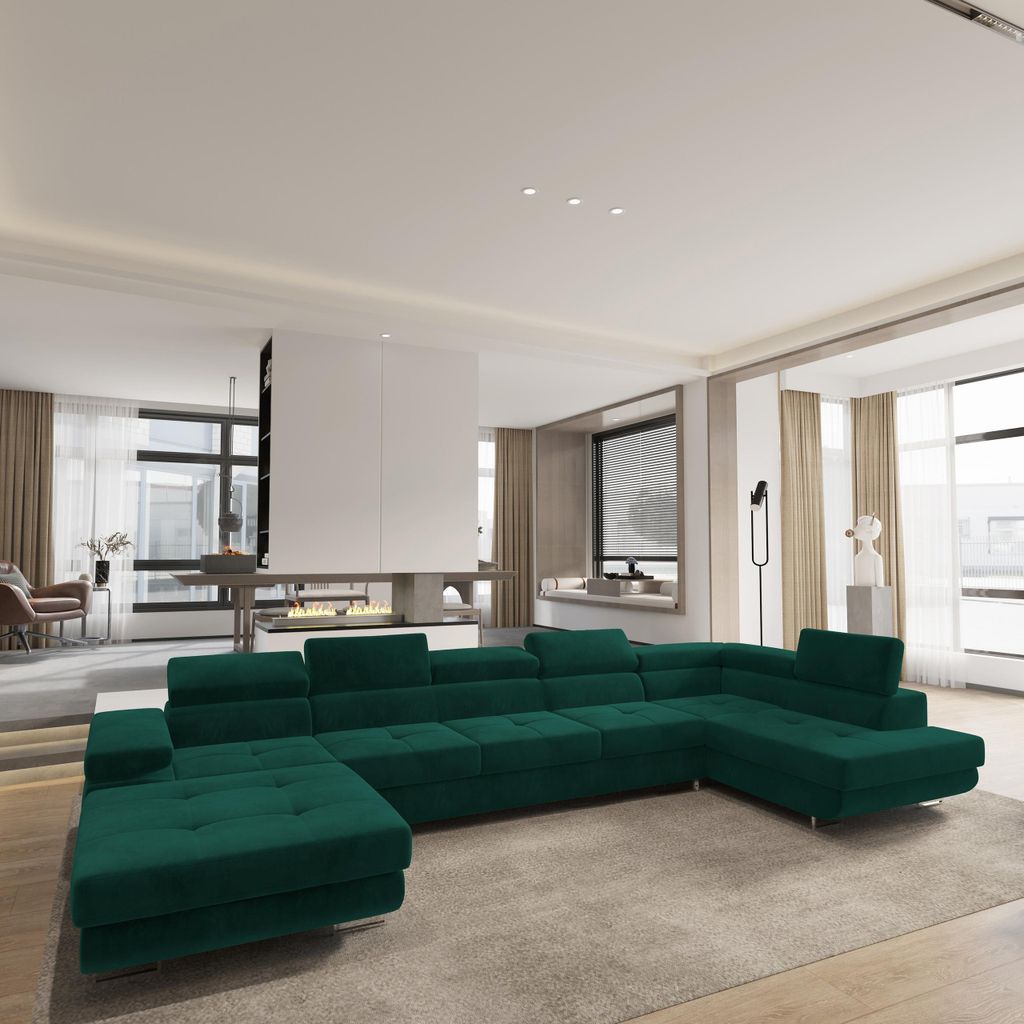 Masseno Ecksofa TORIVA R-S mit Schlaffunktion U-Form, Sofa mit Bettkasten, Wohnzimmersofa, Couch, Soffa, Bettsofa, Couchgarnitur- Grün, MONOLITH 37