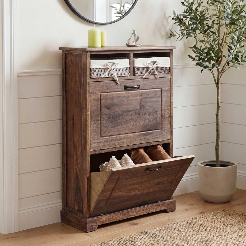Schuhkipper MCW-H19, Schuhschrank Schuhregal Schuhablage, Massiv-Holz Shabby-Look Korb-Schublade 100x60x24cm braun
