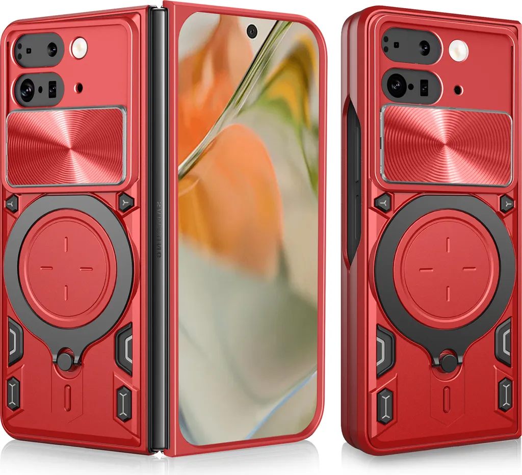 Custodia per Google Pixel 10 Pro Custodia pieghevole a doppio strato resistente con copertura della fotocamera e supporto circolare ad anello Rosso
