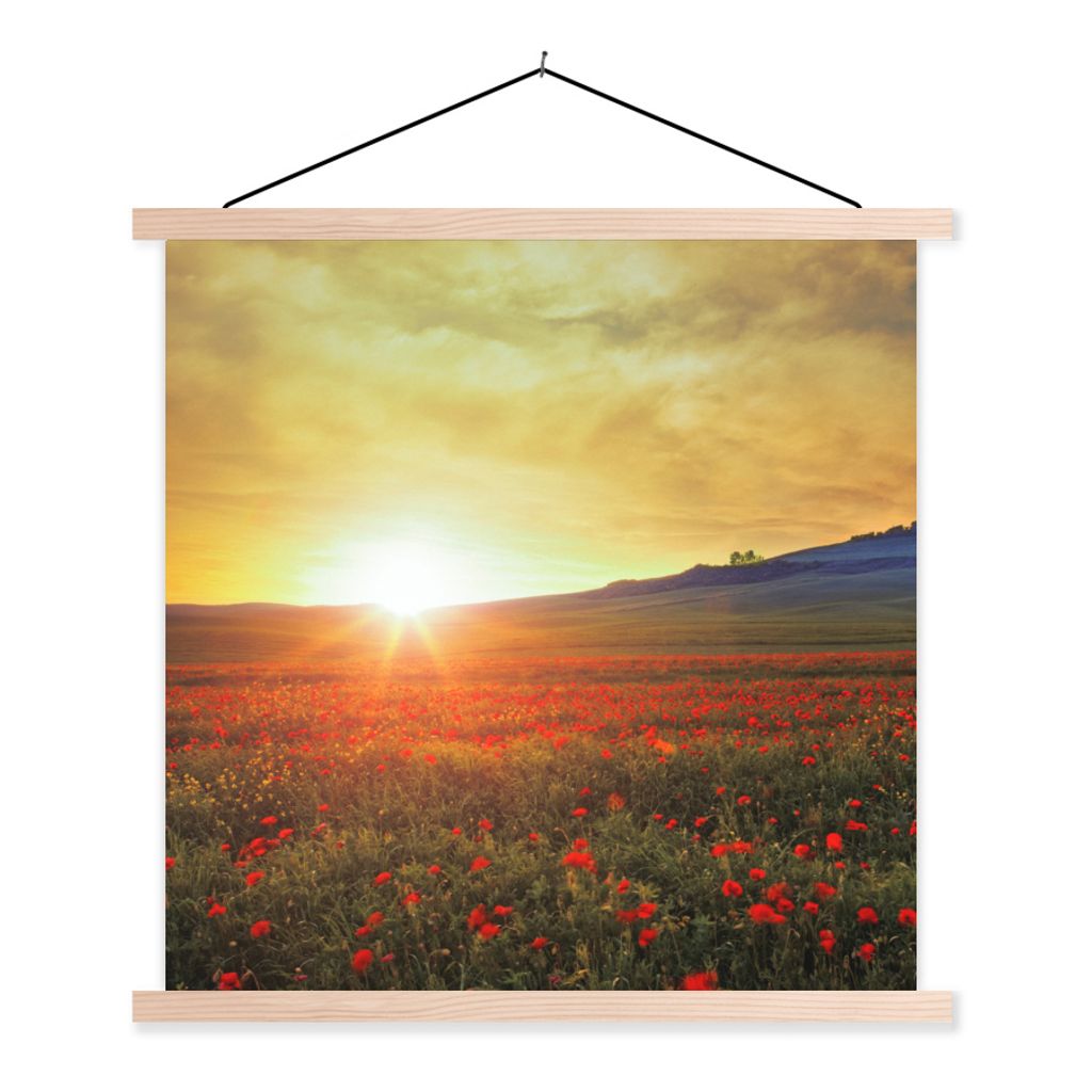MuchoWow Textilposter Italien - Sonnenuntergang - Mohnblume 40x40 cm mit holzfarbenen Rahmen - Posterleiste