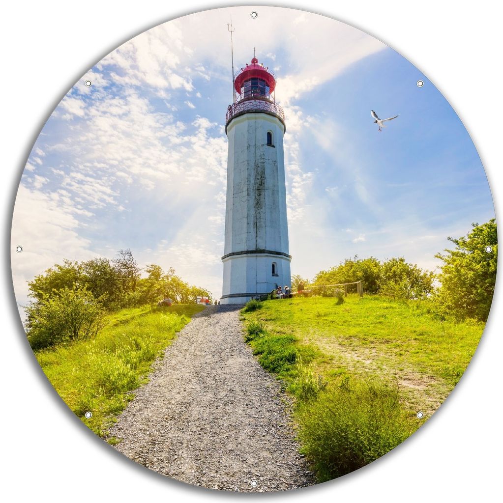 Wallario rundes Outdoor-Poster für Garten oder Balkon, Motiv Leuchtturm auf Hiddensee bei Sonnenschein, 60 cm Durchmesser