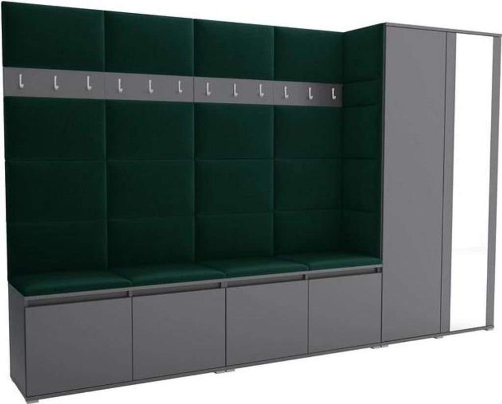 Garderoben-Set Noris V mit Spiegel, gepolsterte Garderobe 290 cm, Flurmöbel mit Wandpaneelen, 12 Haken und Schrank (Farbe: Anthrazit + Trinity 28)