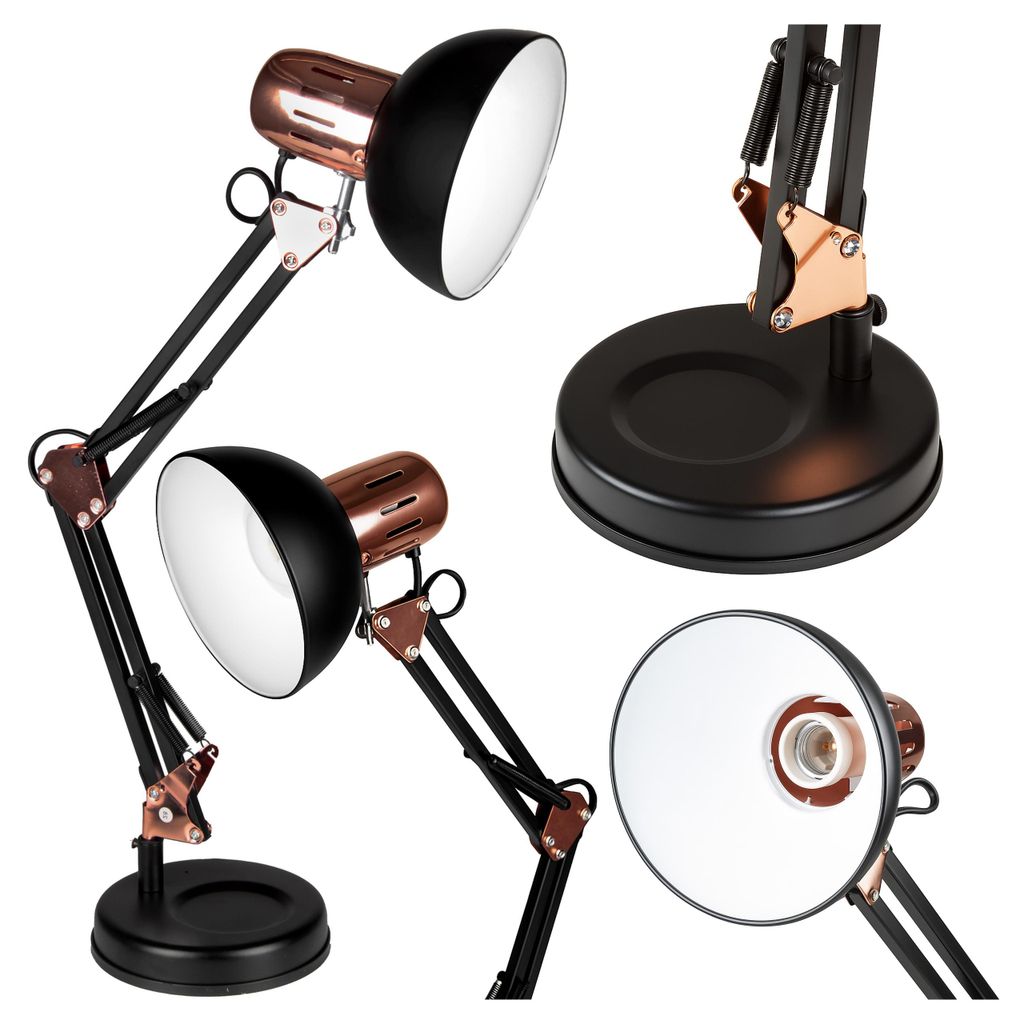 XUDO Schreibtischlampe E27, Schwarz & Gold, Metall, verstellbar mit Standfuß und Tischklemme – ohne Leuchtmittel