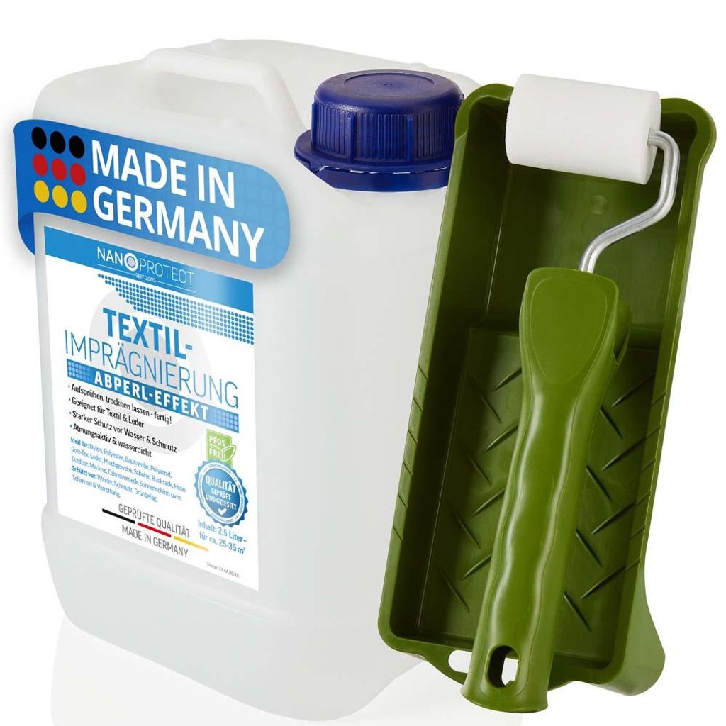 Nanoprotect Textilimprägnierung | 2,5 L Großgebinde inkl. Malerset zum Aufrollen | High-Tech Imprägnierung für Textilien | Stark wasserabweisen...