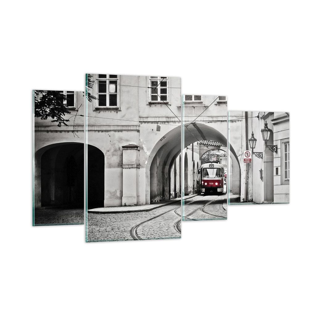 Bilder auf glas - 4 Teile - Tschechisch Straßenbahn Prag - 120x70cm - Glasbilder - Wandbilder - Bilder - Wanddekoration aus Glas - Glas Bilder - W...