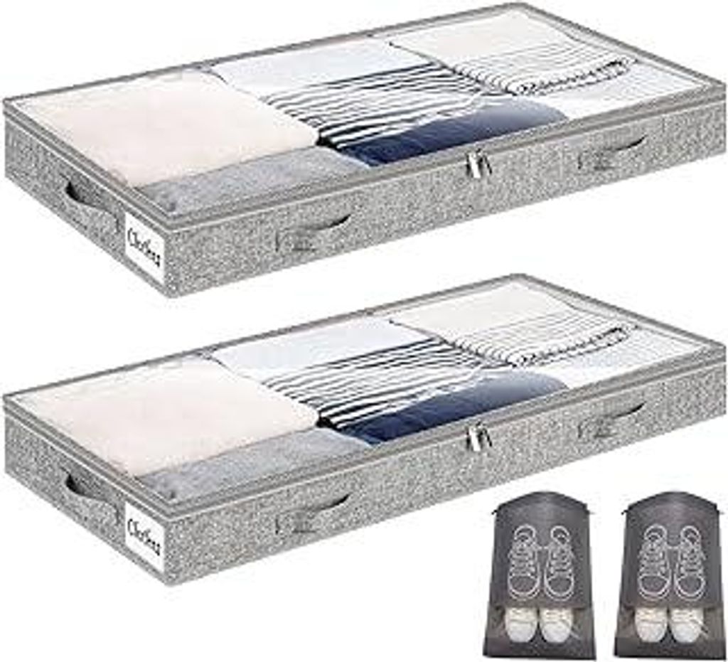 Unterbett Aufbewahrungsbox 2 Stück Unterbettkommode und klarem Transparenter Deckel, 10 cm hoch Faltbar Unterbett Aufbewahrung mit 4 Griffen & 2 R...