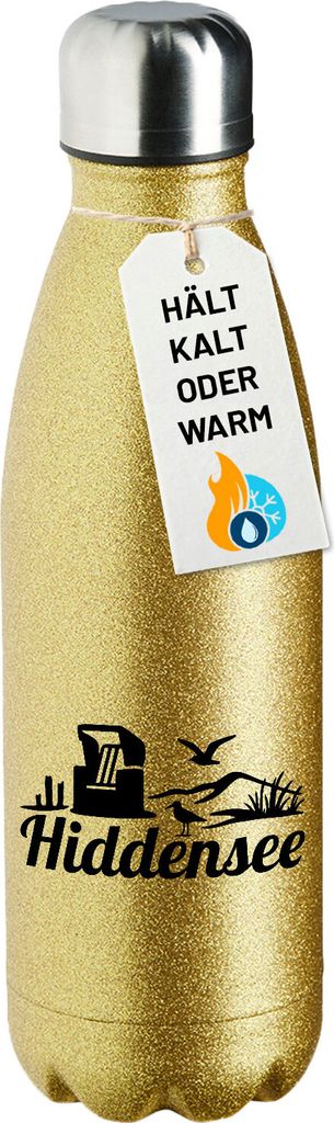 Huuraa Trinkflasche Hiddensee Strandmotiv 500ml Gold Edelstahl Wasserflasche Trinkflasche Geschenkidee