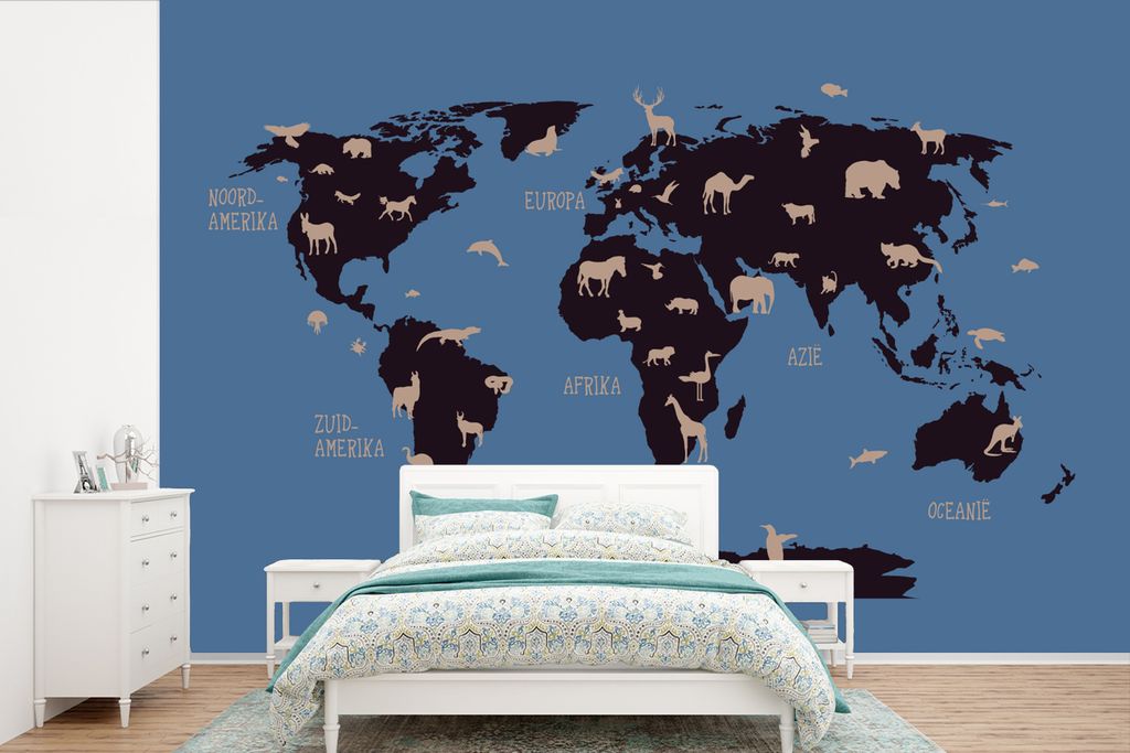 MuchoWow Fototapete für Wohnzimmer oder Schlafzimmer Wandtapete Vinyl Motivtapete Weltkarte - Tiere - Braun - 420x280 cm - Zimmer für Kinder