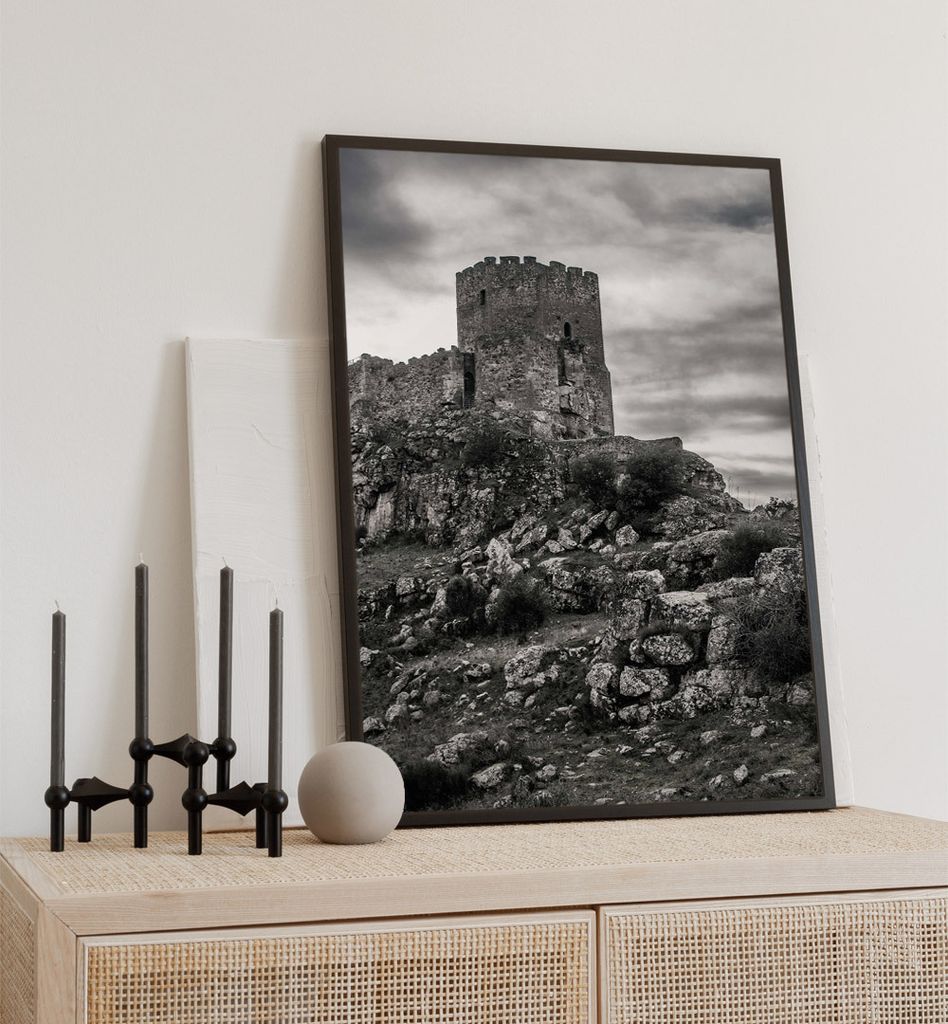 Poster Altes Schloss Schwarz Weiß, groesse_poster:21x30 cm, groesse_rahmen:weiß Passepartout 30x40 cm