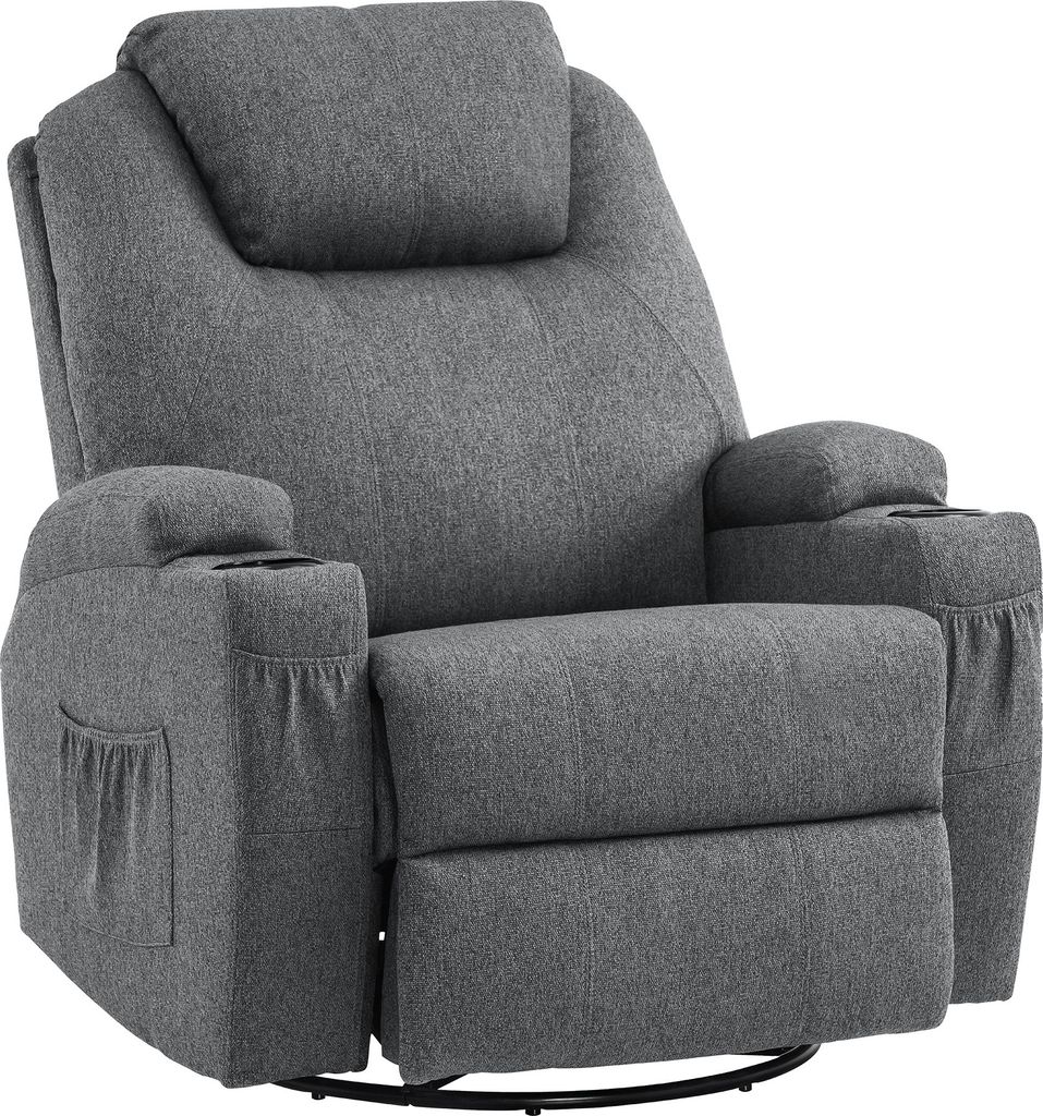 A gray fabric recliner chair with cup holders and side pockets, shown from a front-diagonal angle against a white background.