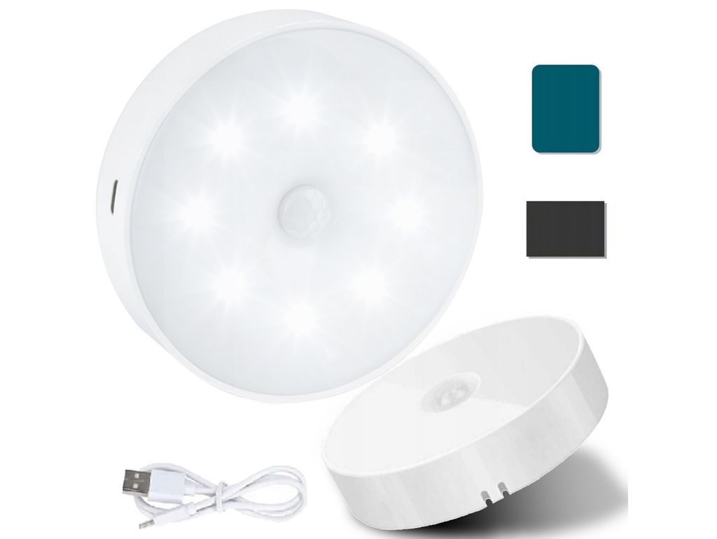 A white, circular LED light with a motion sensor is shown, along with a charging cable and two color swatches (teal and black). Another part of the light is shown at an angle in the foreground.