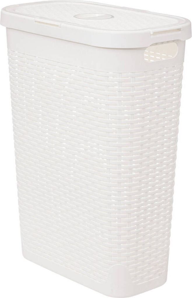 A white laundry basket with a lid.