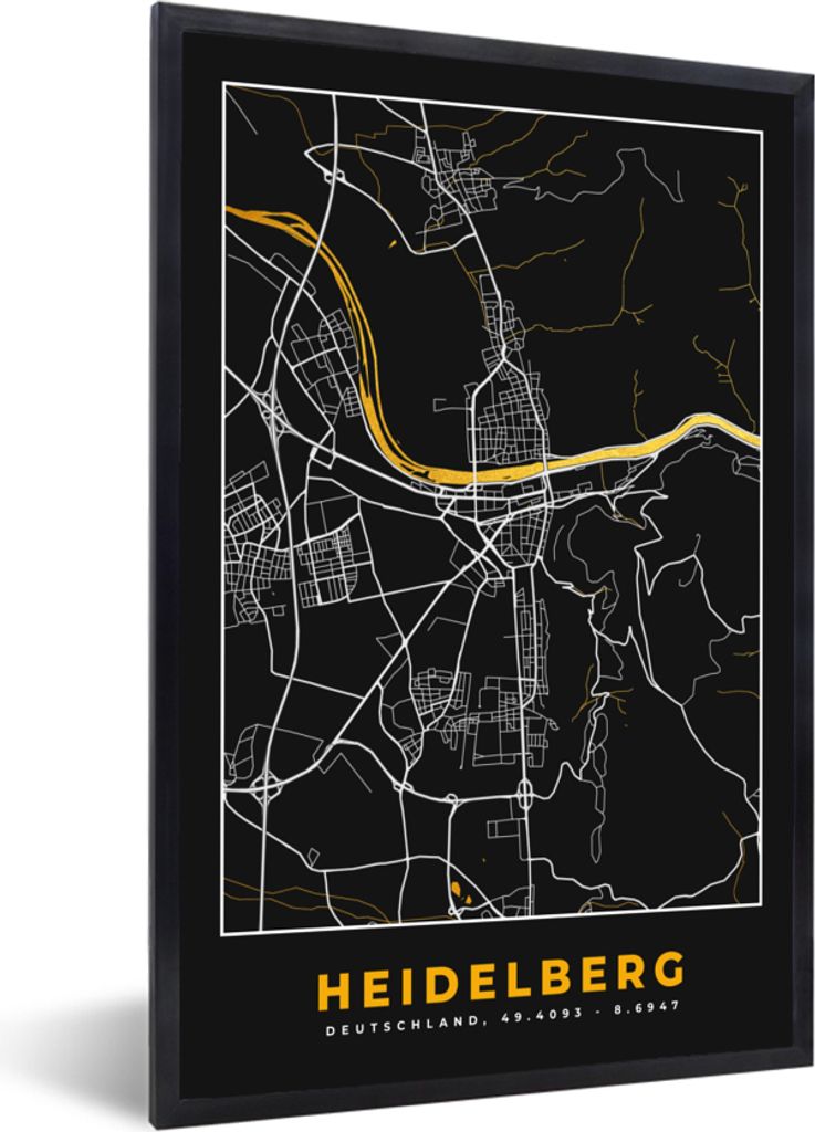 MuchoWow Gerahmtes Poster Heidelberg - Deutschland - Gold - Stadtplan - Karte 20x30 cm - Poster mit Schwarzem Bilderrahmen Wandposter Rahmen Foto...