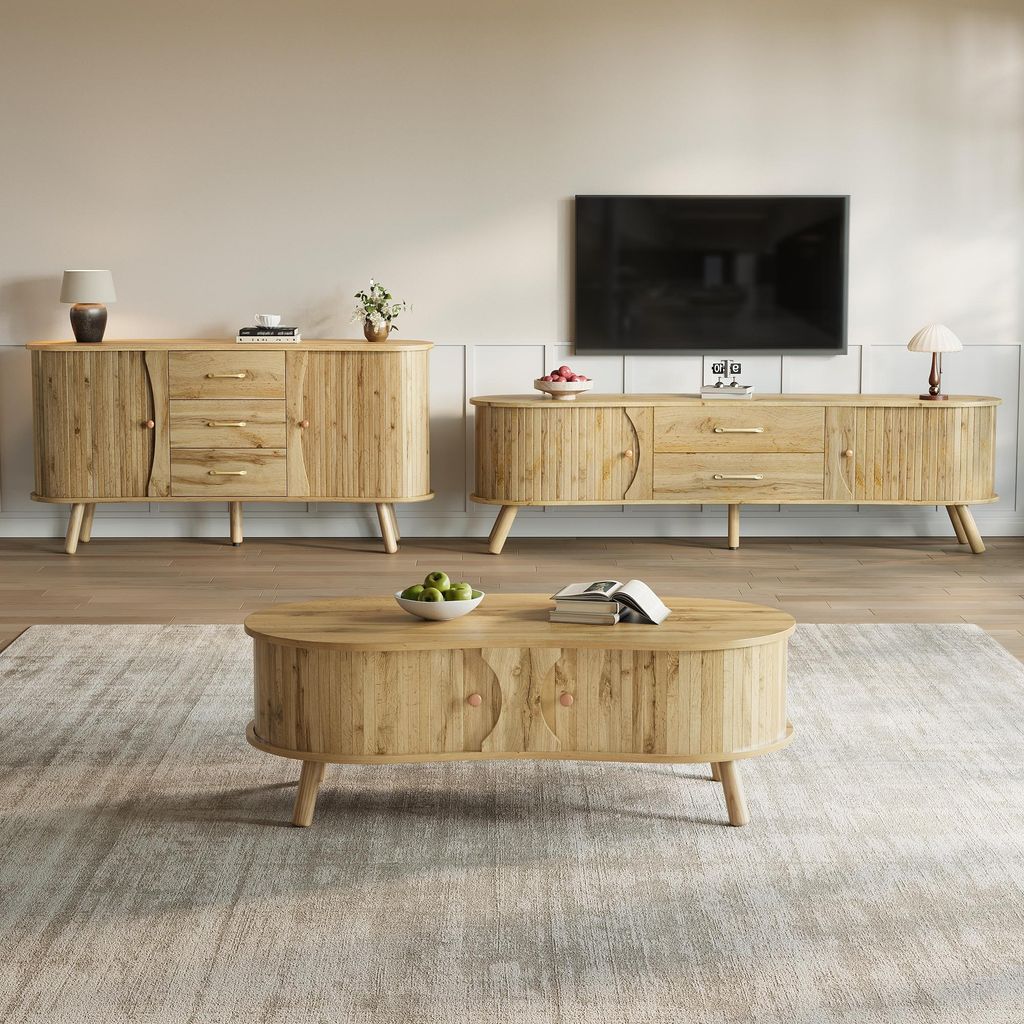 3-teiliges Wohnzimmerset in Erbsenform, Couchtisch, Sideboard, TV-Schrank, Schiebetüren, Holzoptik, Holzfüße