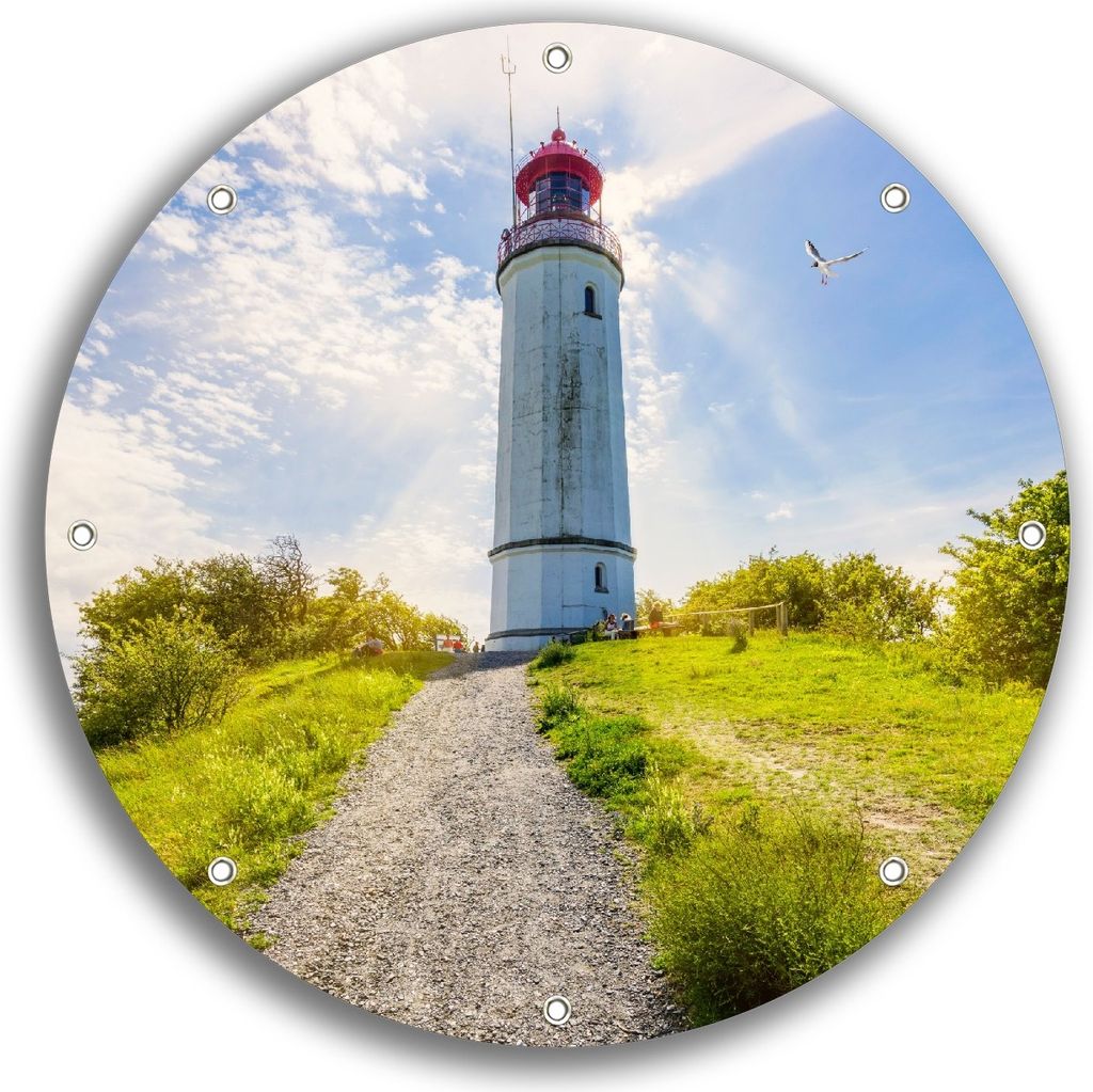 Wallario rundes Outdoor-Poster für Garten oder Balkon, Motiv Leuchtturm auf Hiddensee bei Sonnenschein, 30 cm Durchmesser