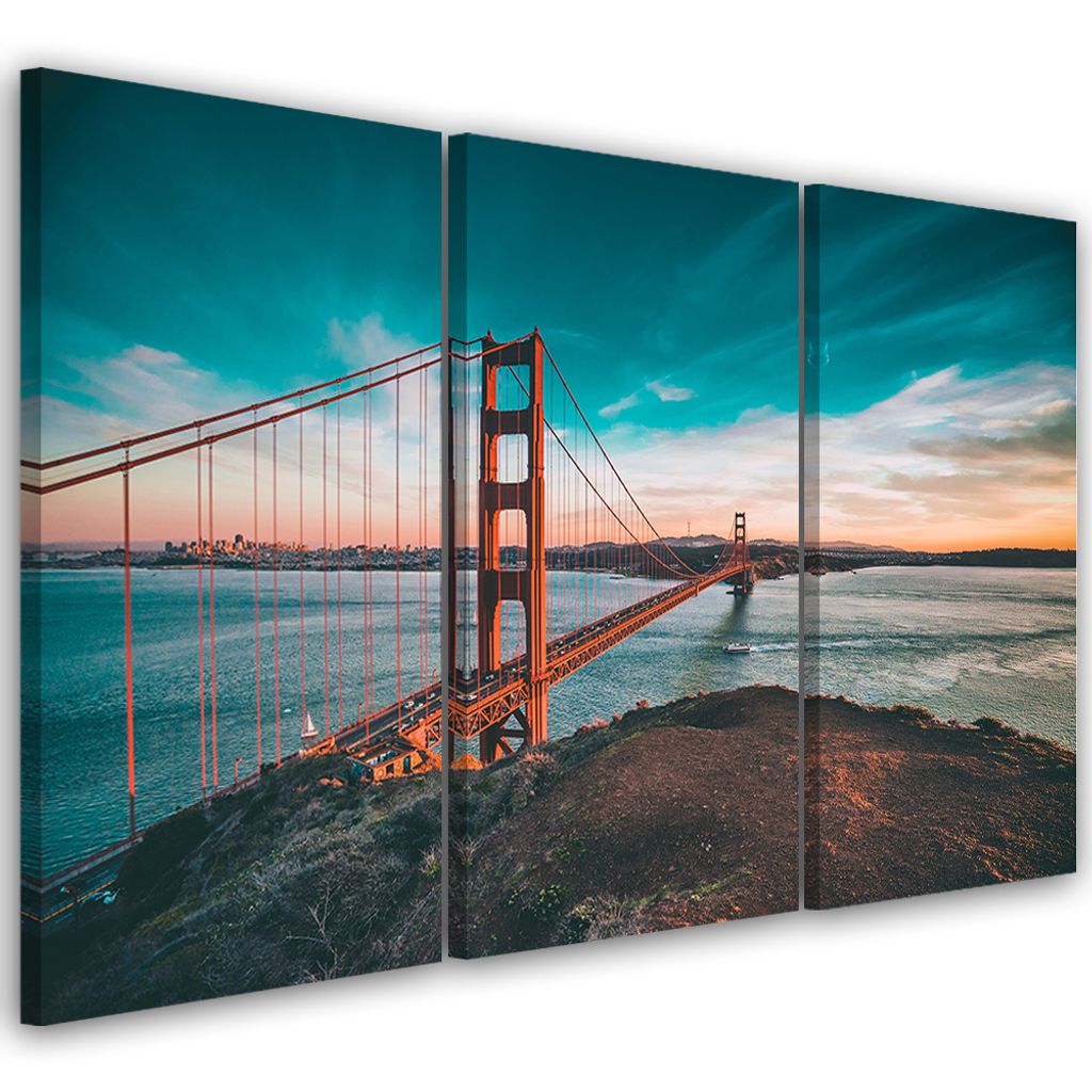 Triptychon auf leinwand städte & architektur - blau 150x100 cm Feeby blau wandbild bereit zum aufhängen