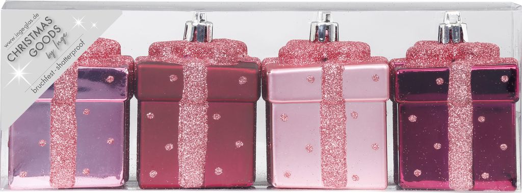 Christbaumschmuck Geschenkbox 6cm Kunststoff 4er Set - Produktbild 