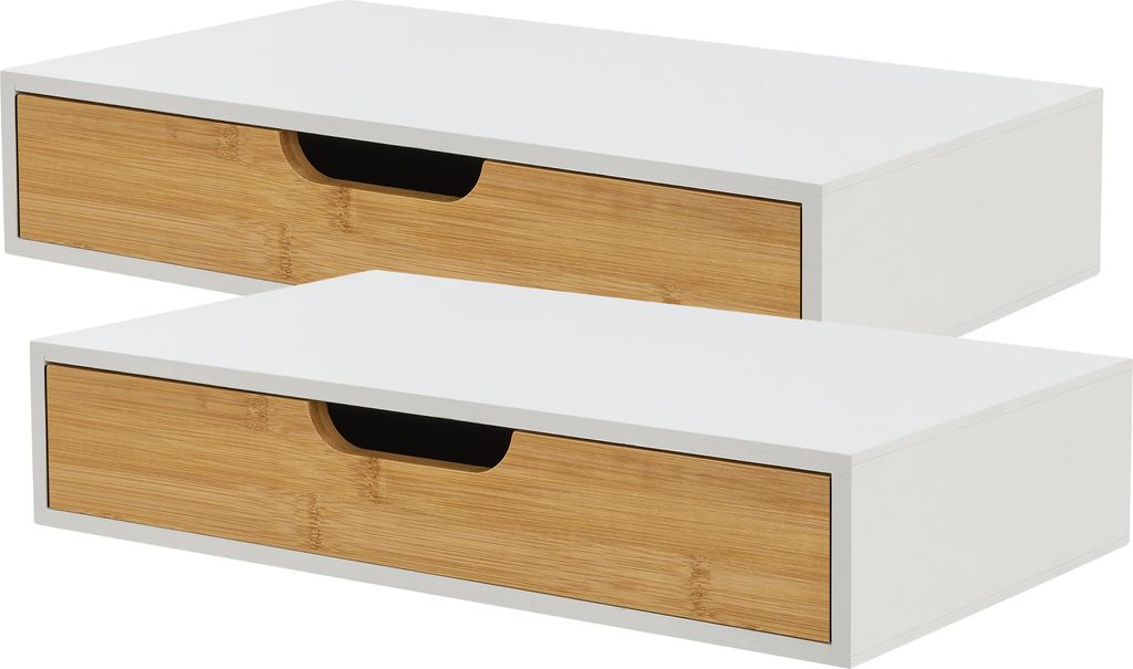 Two white wall shelves with bamboo drawer fronts are stacked on top of each other against a white background.