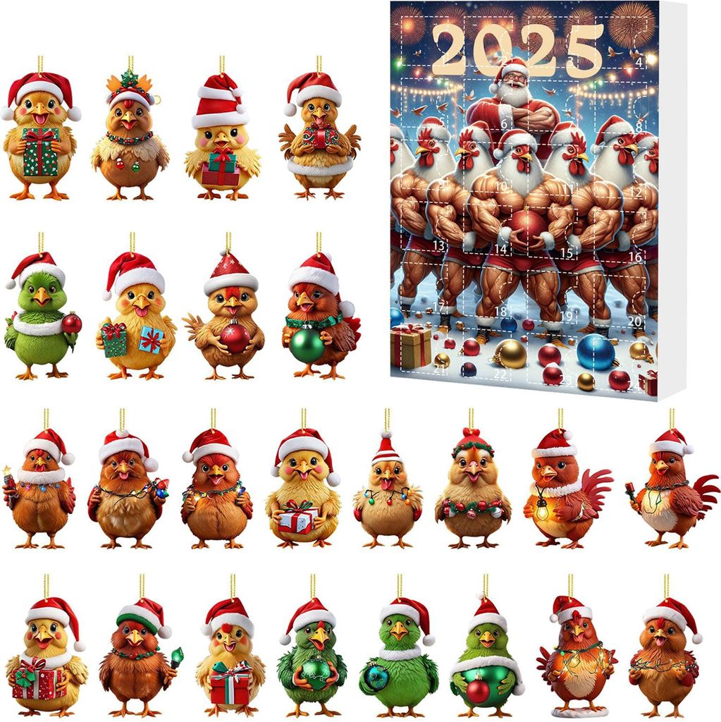 2025 Weihnachts-Adventskalender, Hühner-Ornamente, 24-Tage-Countdown-Kalender, Weihnachtsbaum-Dekoration, 2D-Acryl, Sammlerstück, Cartoon-Hühner...