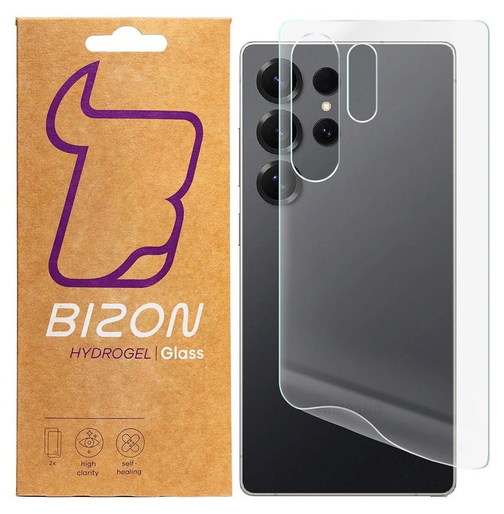 A product package for Bizon Hydrogel Glass screen protectors is shown next to a smartphone with the screen protector applied.
