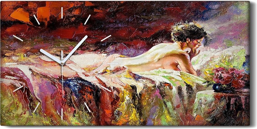 Wohnzimmer-Bild Leinwand Uhr 60x30 Ölgemälde Bett nackte Produktbild 