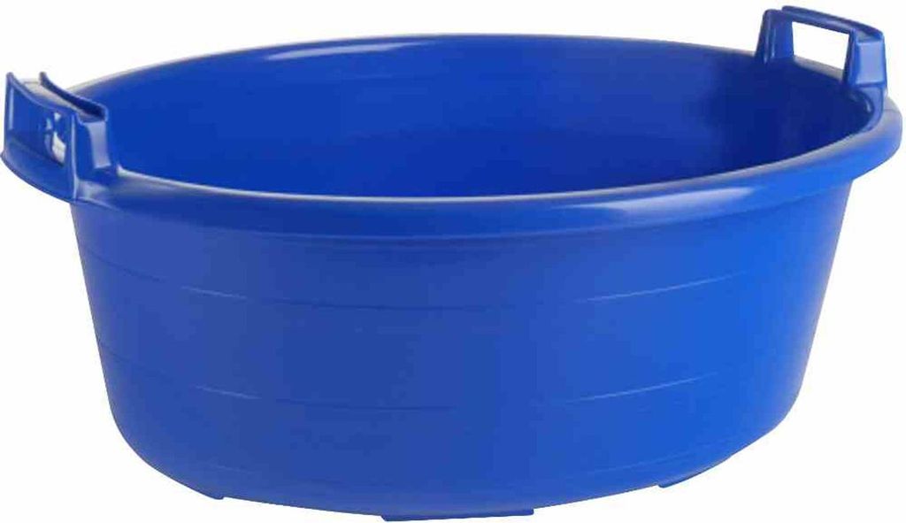 A blue oval plastic tub with handles on a white background.