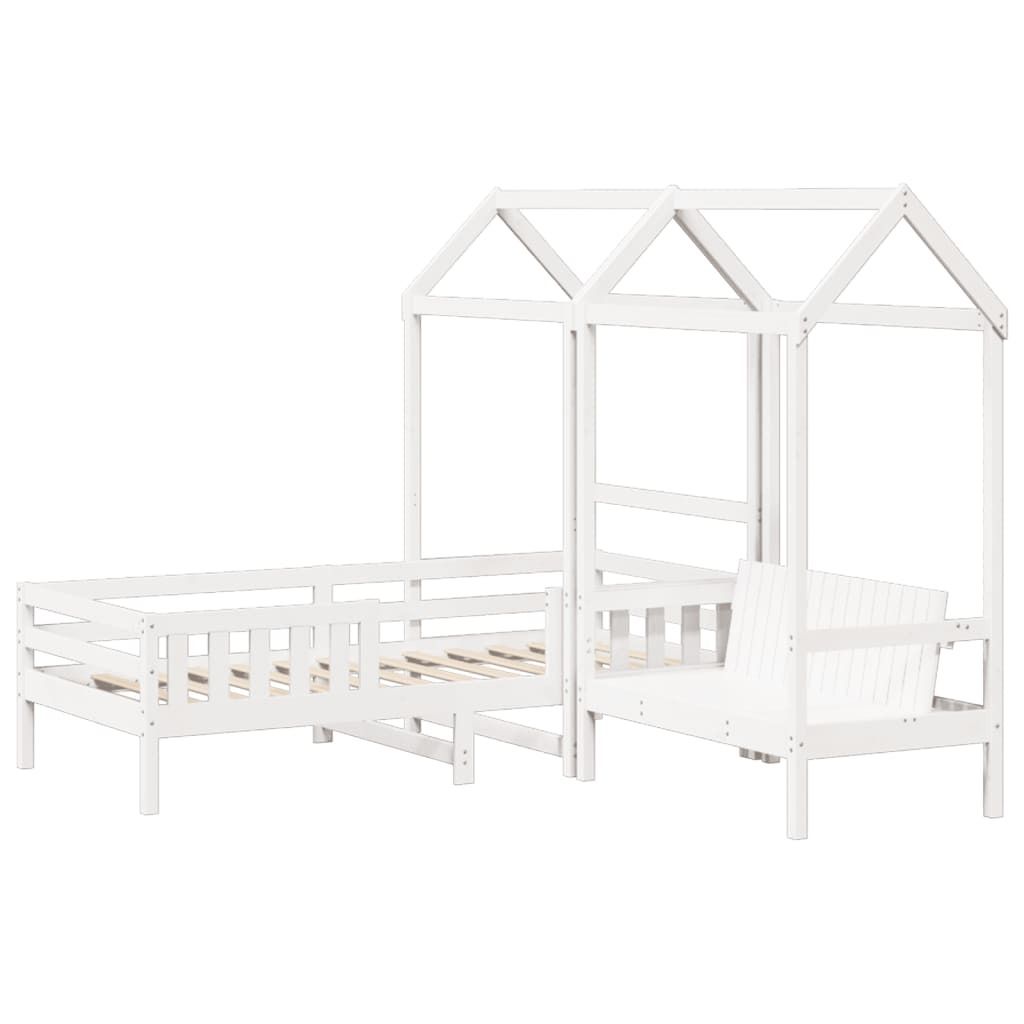 "WINTER SALE"Bettgestell/Massivholzbett - Einzelbett/Jugendbett mit Lattenrost - und Bank mit Dach Weiß 100x200cm Kiefernholz - Klassische Betten ...