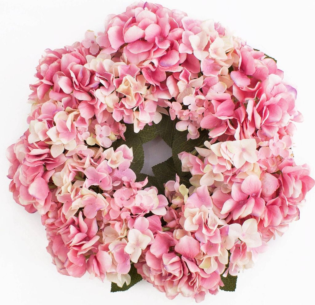artplants.de Sommerlicher Hortensienkranz aus künstlichen Blumen auf Rattan, rosa, Ø 35cm - Deko Kranz für Tür, Tisch oder Wan
