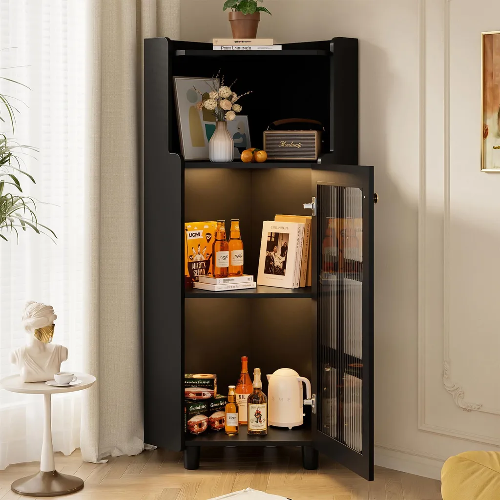 Commode d'angle moderne laquée noire avec éclairage LED intelligent - 3