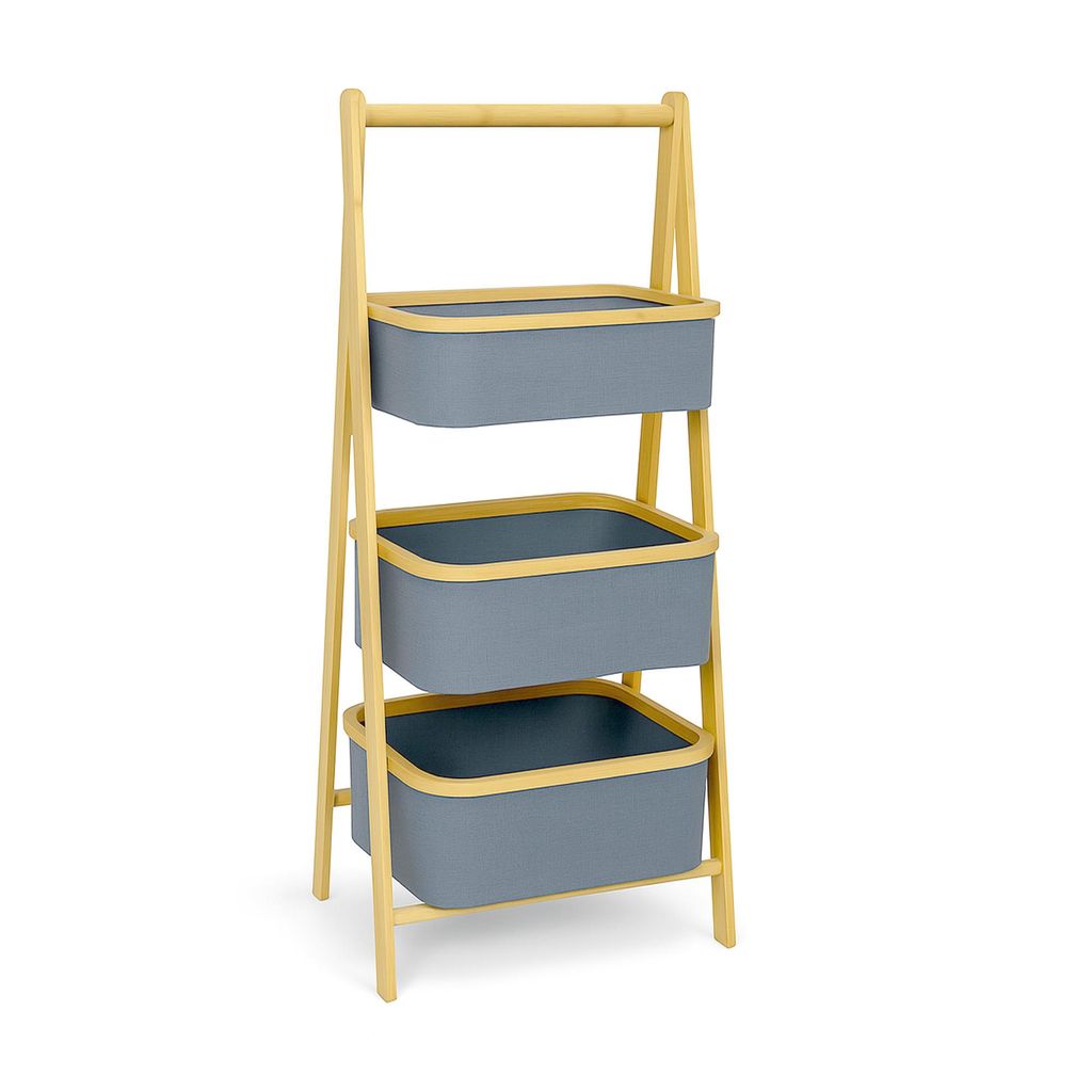 Bestlivings Aufbewahrungsregal ( 31×45×108 cm ) mit 3 grauen Stoffkörben, robustes Regal aus Bambus und 600D Oxford-Gewebe, platzsparend klappbar