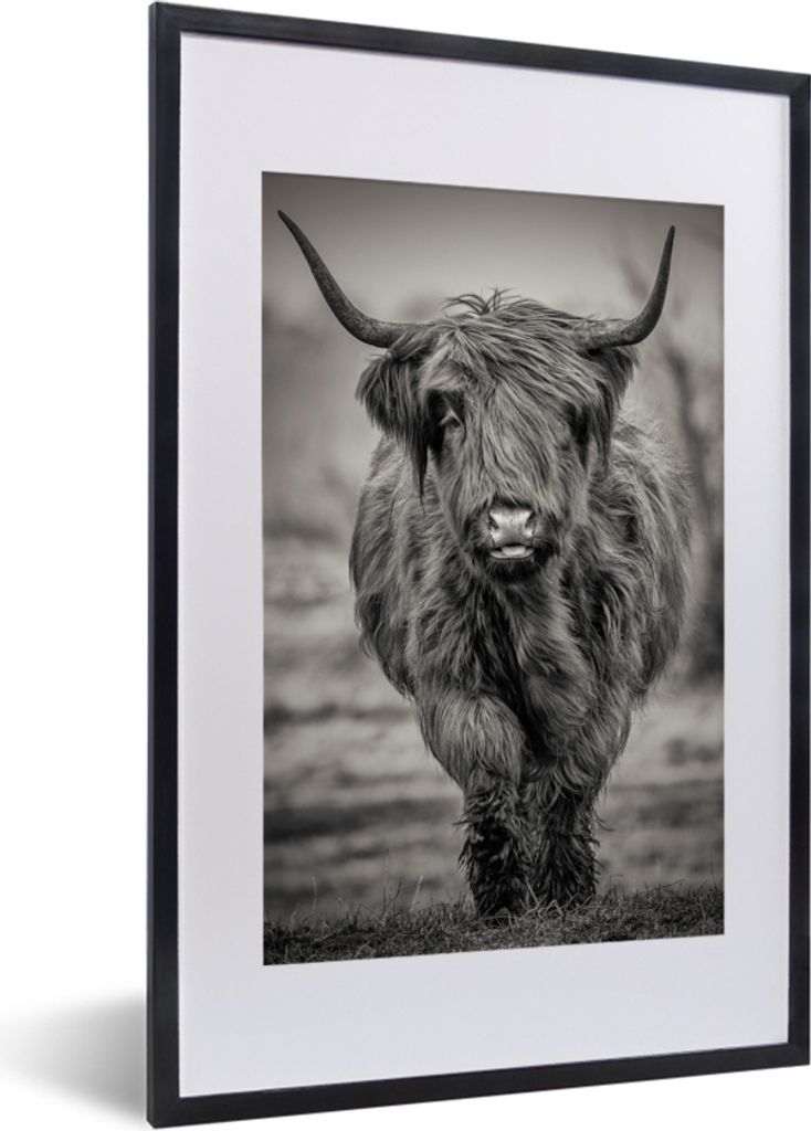 MuchoWow Gerahmtes Poster Schottischer Highlander - Schwarz und Weiß 40x60 cm - Poster mit Schwarzem Bilderrahmen Wandposter Rahmen Foto Bilder ...
