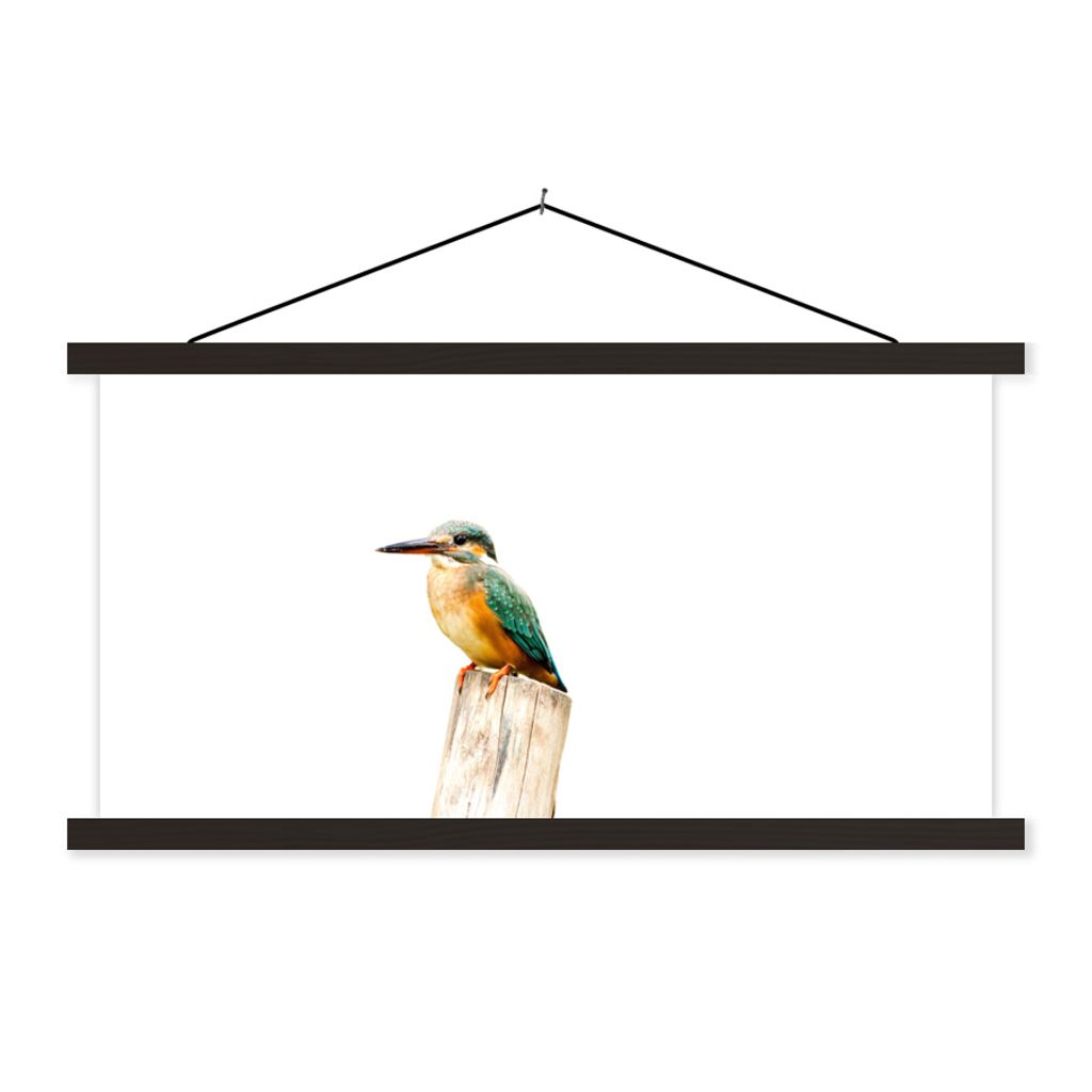 MuchoWow Textilposter Eisvogel - Federn - Pfahl 90x45 cm mit schwarzem Rahmen - Klemmleisten