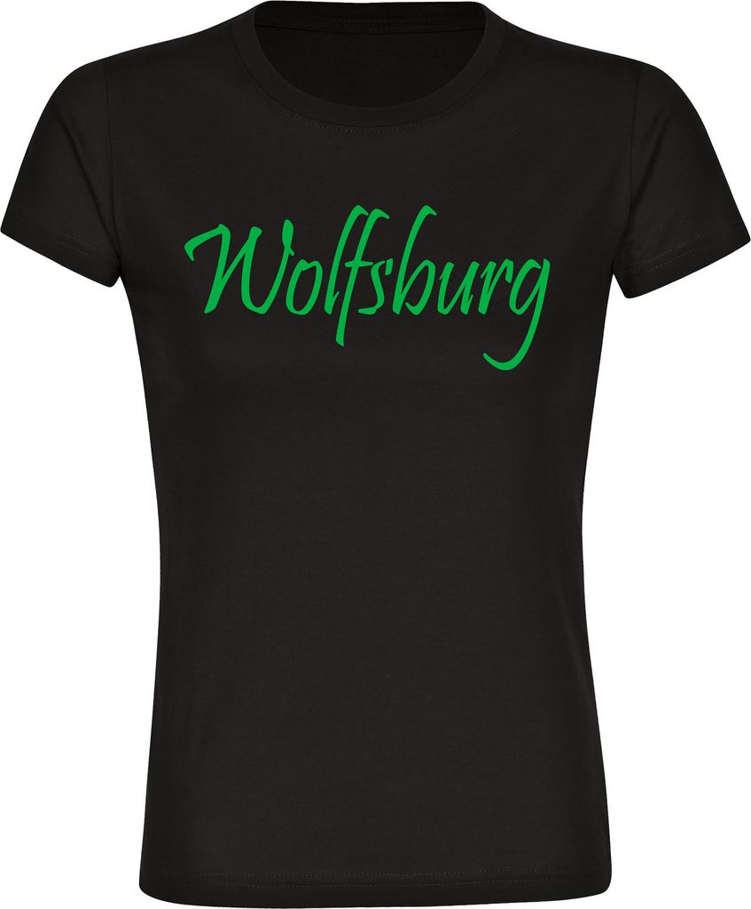 multifanshop Damen T-Shirt - Wolfsburg - Schriftzug, schwarz, Größe S