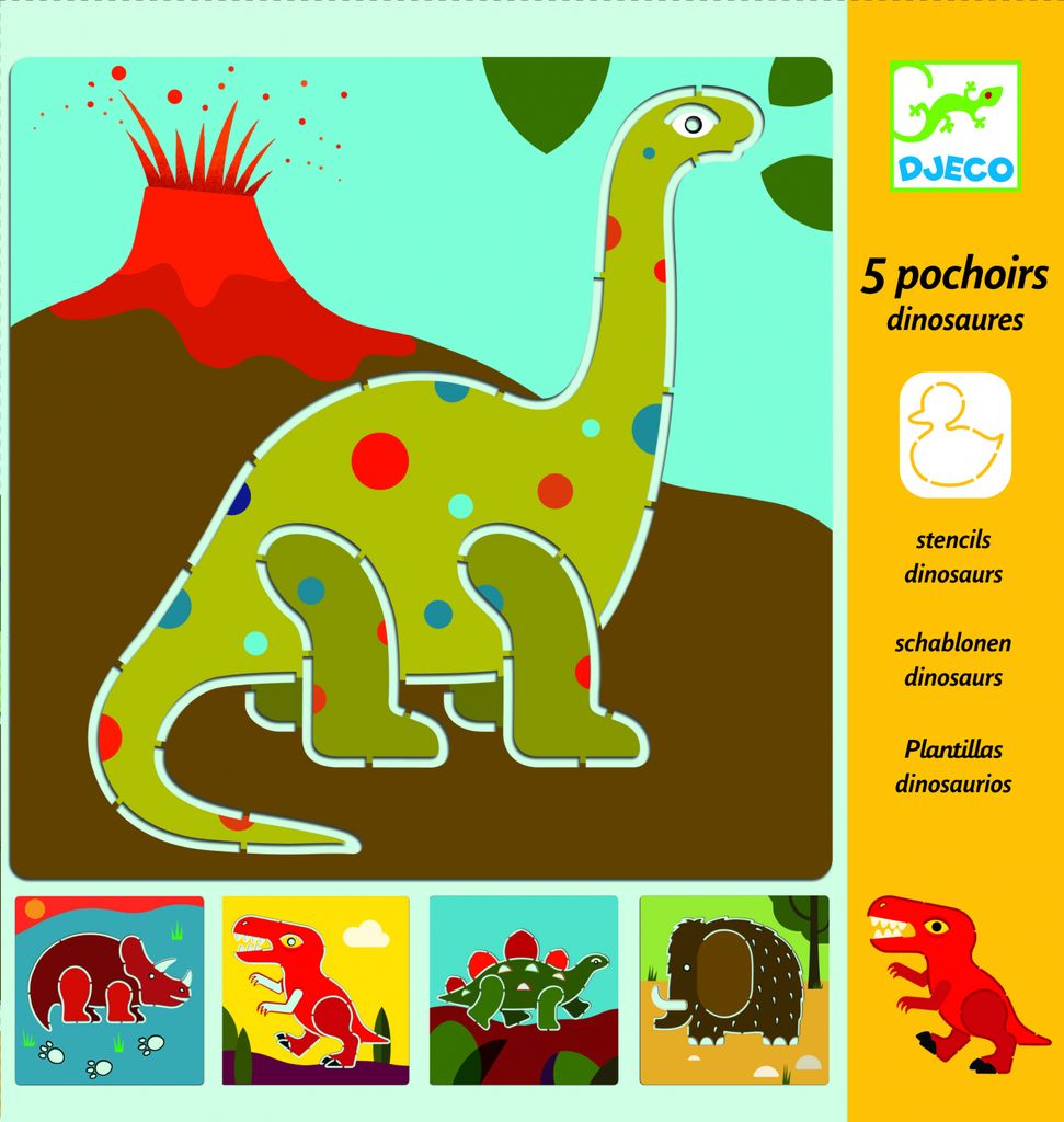 Djeco Schablonen Dinosaurier, 5er Set, Kunststoff, 20x20 cm, abwaschbar, ungiftig