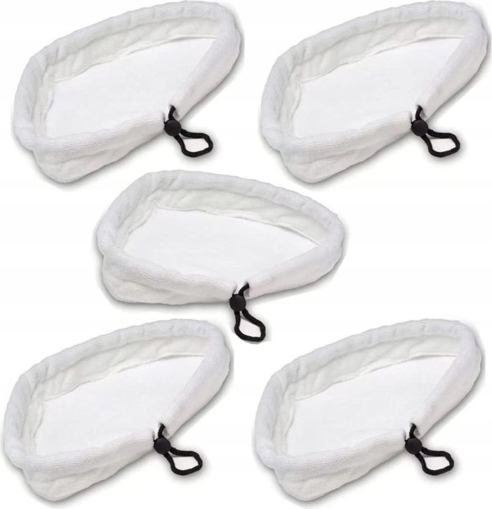 A set of five white microfiber mop covers with black drawstring closures, arranged in a scattered pattern on a white background.