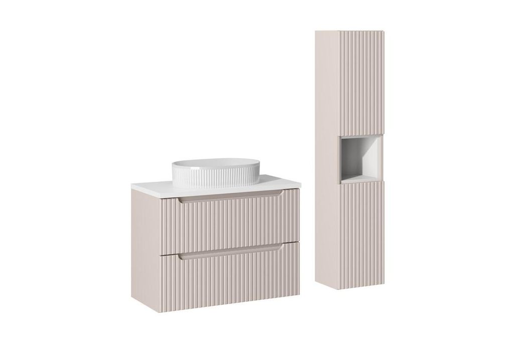 Badmöbel-Set Mit Hochschrank (2 Türen) Arbeitsplatte 80 cm Aufsatzwaschbecken & Unterschrank 80 cm , Nova Cashmere N - Kaschmir Matt/Weiß Matt
