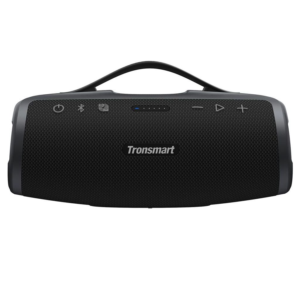 A black Tronsmart Mirtune S100 Bluetooth speaker is shown from the front against a white background.