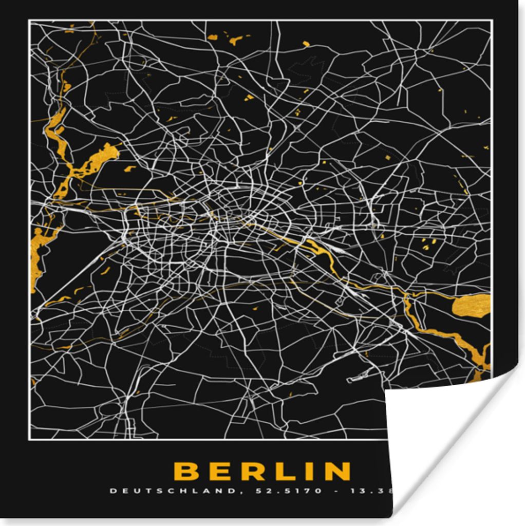 MuchoWow Poster Berlin - Deutschland - Karte - Stadtplan - Gold 75x75 cm - Wand Dekoration