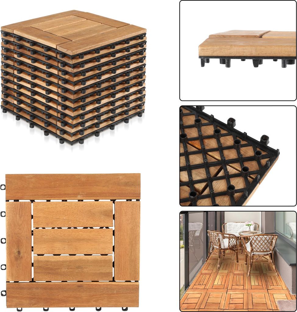 Izrielar 66 STK Holzfliesen Kachel Set 1m² geeignet als Terrassenfliesen und Balkonfliesen aus Akazien Holz 30x30 cm für Garten Terrasse Balkon
