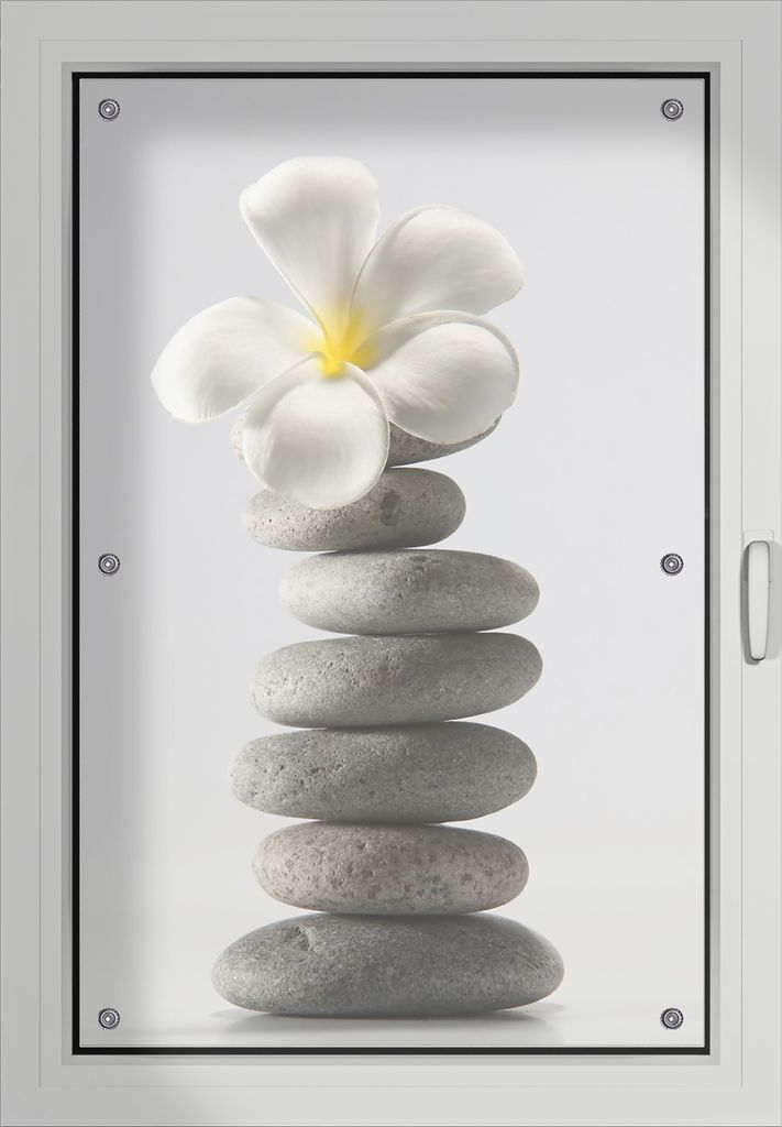 Wallario Lichtschutzbild, Dekorativer Sichtschutz Sonnenschutz 60 x 93 cm mit Motiv: Blume auf gestapelten Steinen - Verdunklung ohne Bohren